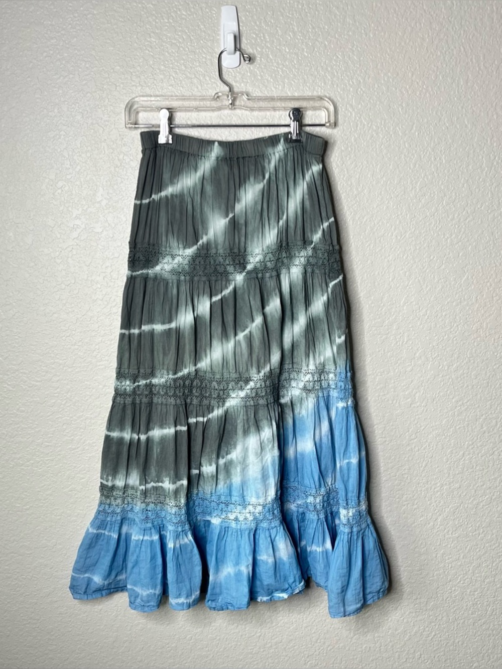 Bohemian Cove Tie Dye Maxi Skirt Blue Gray Tiered Lace Boho Midi Skirt Medium
